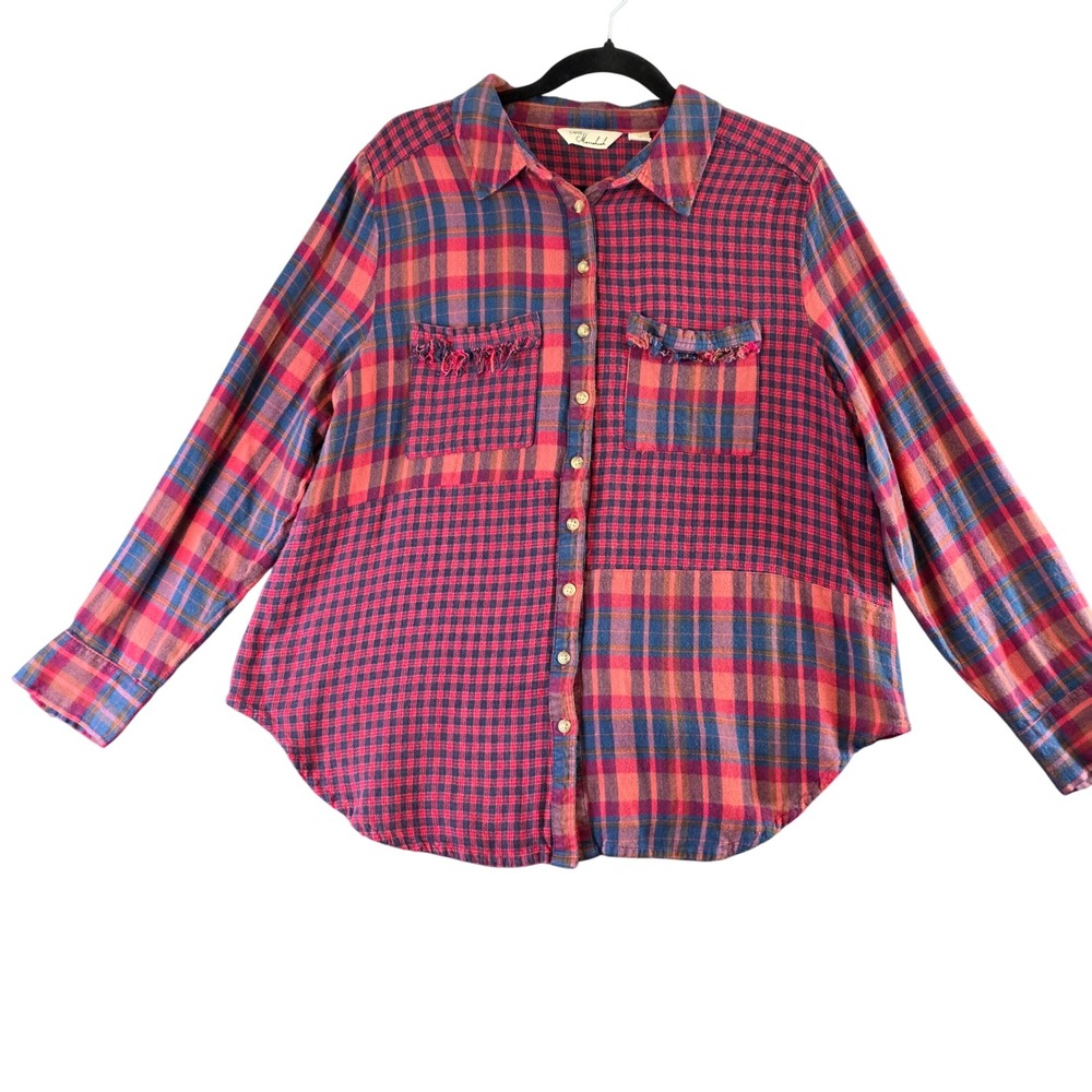 Caffe Marrakesh Womens Red Blue Mixed Plaid Patchwork Button‎ Up Shirt 1X Rayon